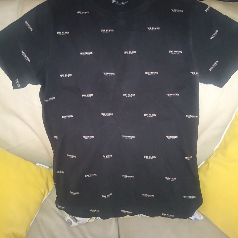 True Religion Black Short Sleeve Tee with White Logo Print